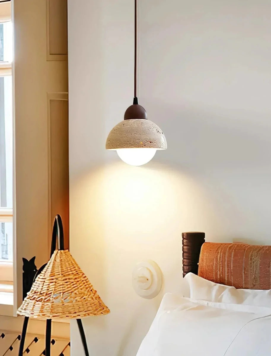 Suspension Design en Travertin — Luminaire Minimaliste Forme Champignon Style Wabi-Sabi | LITHOS™ - Lampes Design