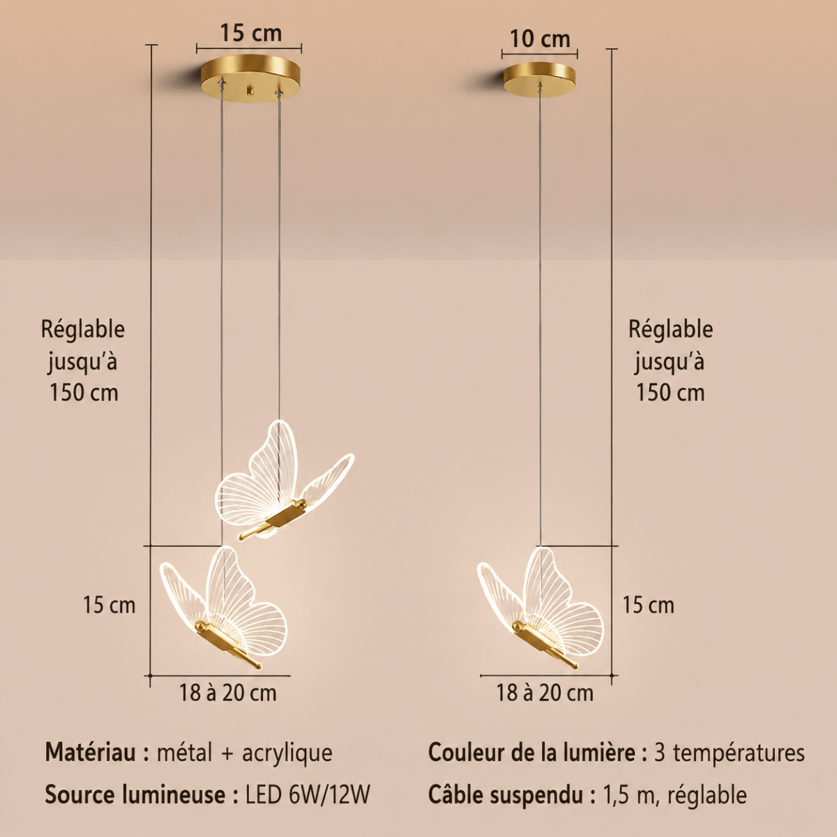 Suspension Papillon LED en Fer Forgé Doré — Lumière Réglable | MONARCH™ - Lampes Design