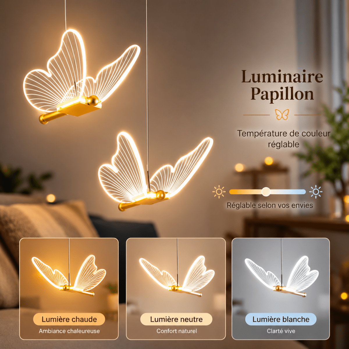 Suspension Papillon LED en Fer Forgé Doré — Lumière Réglable | MONARCH™ - Lampes Design