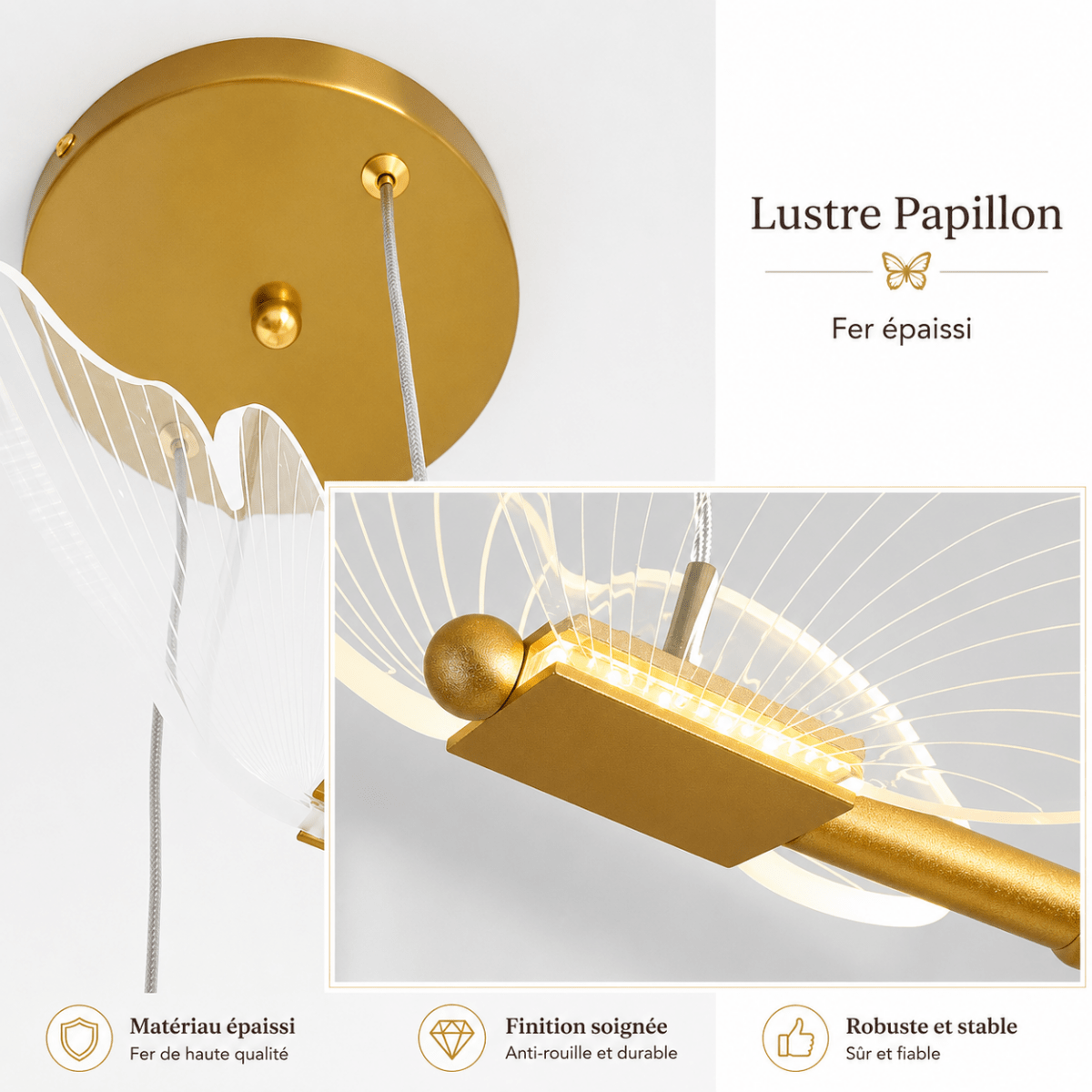 Suspension Papillon LED en Fer Forgé Doré — Lumière Réglable | MONARCH™ - Lampes Design