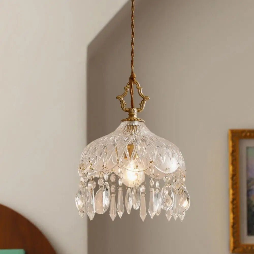 Suspension Rétro Française en Verre et Cuivre Doré — Ampoule E14 Incluse | MARQUISE™ - Lampes Design