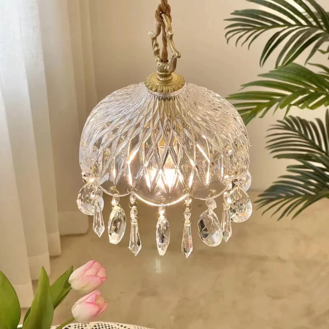 Suspension Rétro Française en Verre et Cuivre Doré — Ampoule E14 Incluse | MARQUISE™ - Lampes Design