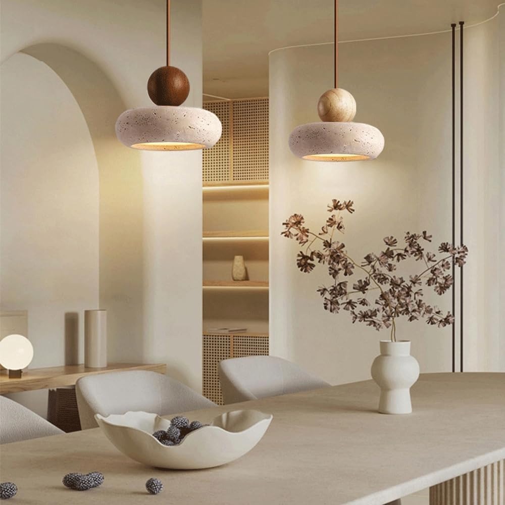Suspension Design en Travertin et Bois Véritable - Galet Minimaliste Wabi-Sabi
