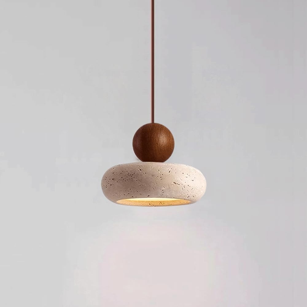 Suspension Design en Travertin et Bois Véritable - Galet Minimaliste Wabi-Sabi