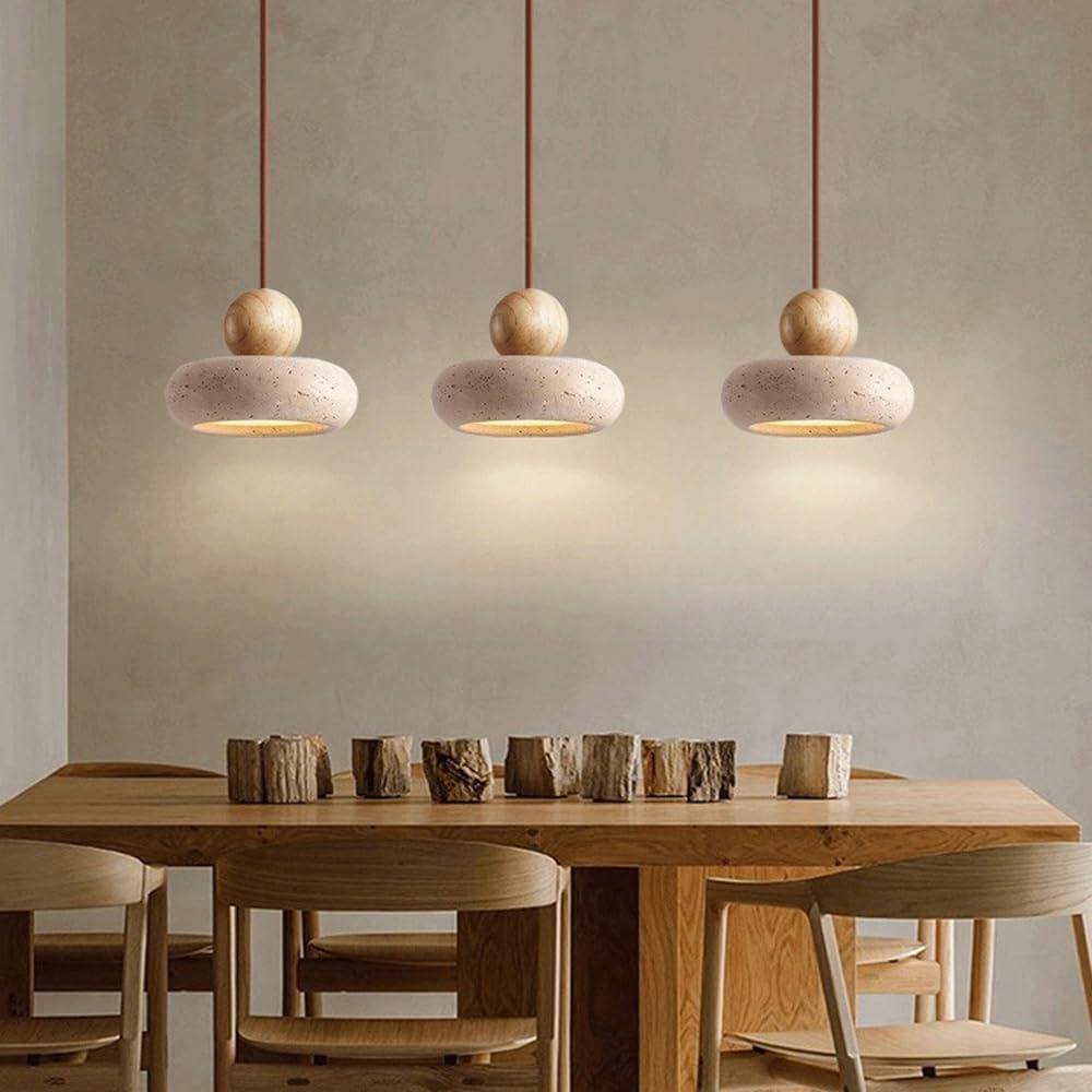 Suspension Design en Travertin et Bois Véritable - Galet Minimaliste Wabi-Sabi