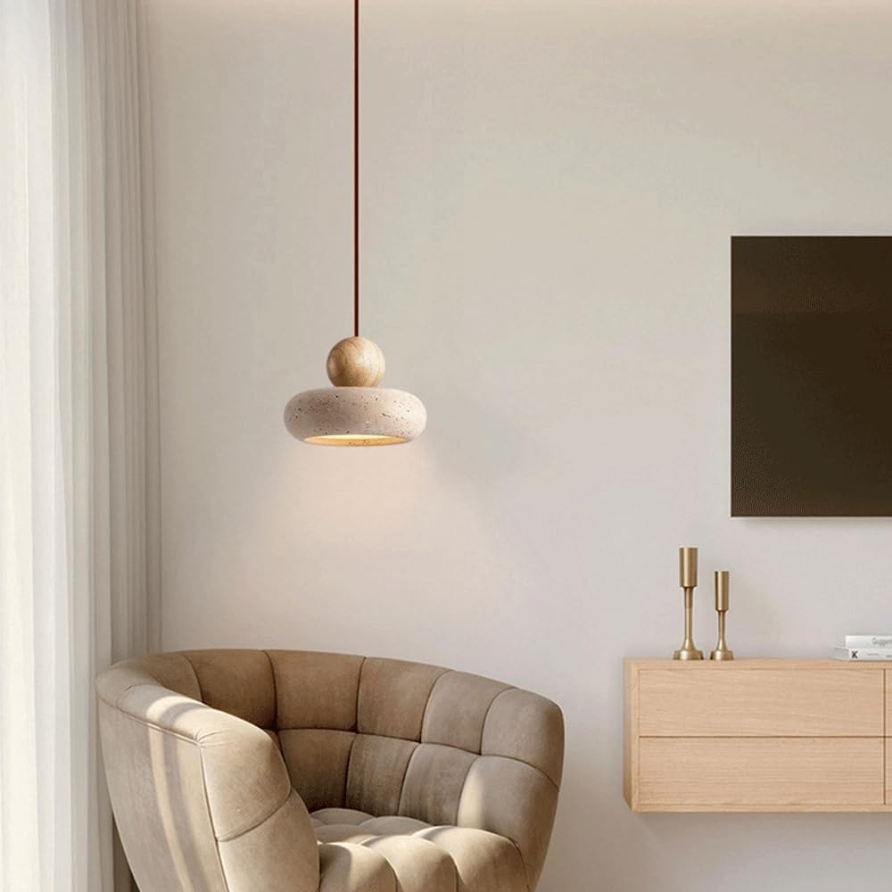 Suspension Design en Travertin et Bois Véritable - Galet Minimaliste Wabi-Sabi
